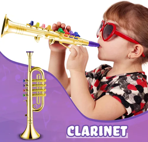 Miniatura 4 de Amylove Juego de 2 juguetes de saxofón y clarinete para niños pequeños, instrumentos de plástico, juguete musical falso, portátil, juguetes
