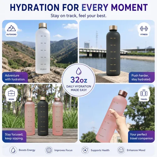 Miniatura 6 de Botella de agua de 32 onzas con tiempos para beber, botella de agua motivacional ligera con marcador de tiempo, sin BPA, reutilizable