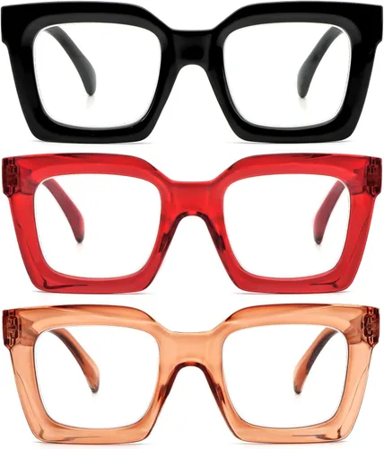 Miniatura 8 de REAVEE - Paquete de 3 gafas de lectura de marco grueso sobredimensionado para mujeres con bloqueo de luz azul, elegantes gafas de lectura