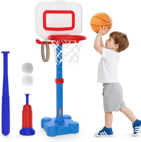 EagleStone Aro de Baloncesto y Juego de Pelota T 4 en 1 para Niños Pequeños, Aro de Baloncesto de Altura Ajustable, Juguete de Pelota T y