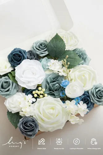 Miniatura 5 de Ling's moment Caja de Flores Artificiales, Tallos de Follaje Artificial Falso, Rosas de Espuma, Gardenia, Hortensia de Seda, Ranúnculo, Flor de Tela