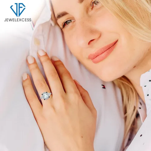 Miniatura 2 de JEWELEXCESS Anillo de aguamarina con piedra natal de marzo Anillo de plata de ley de aguamarina de 1,65 quilates con detalle de diamante blanco
