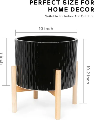 Miniatura 2 de LaDoVita Maceta de cerámica con soporte, maceta de 10 pulgadas con estante de madera, macetas redondas modernas para interiores con soporte