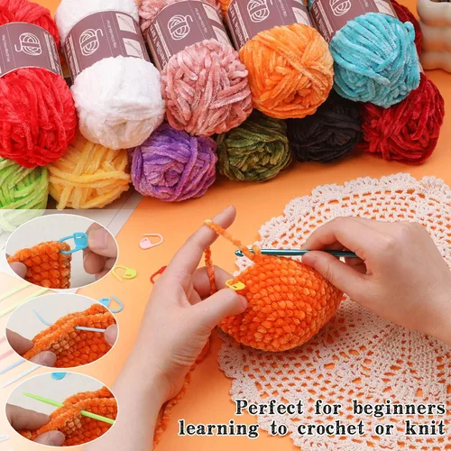 Miniatura 4 de LUNARM Hilado de chenilla para tejer y hacer ganchillo, 3 madejas de 240 metros de hilo grueso, suave y voluminoso, para tejer mantas, ropa y Beige