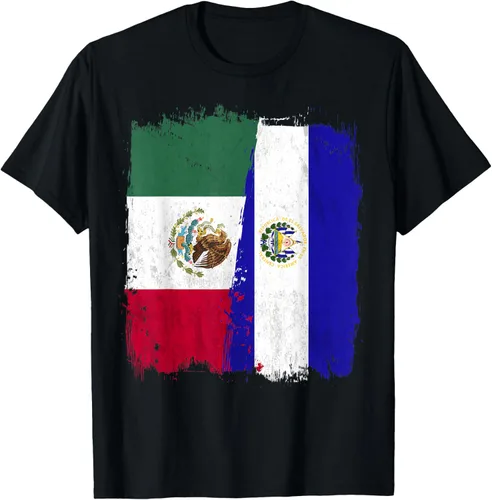 Camiseta con la bandera mexicana de El Salvador con la mitad de la bandera mexicana de El Salvador