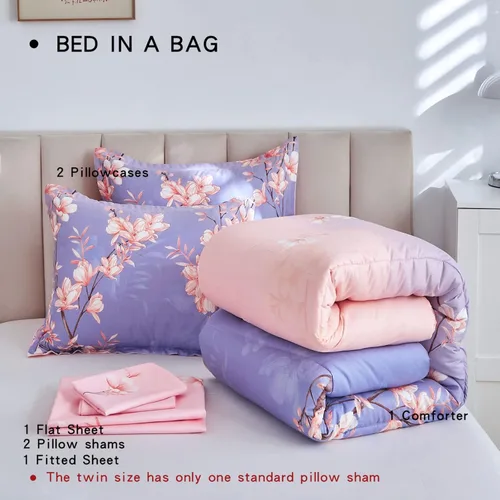 Miniatura 8 de AIKASY Juego de edredón individual rosa y morado claro con sábanas, cama en una bolsa, 6 piezas, diseño de impresión de ramas y flores, juego