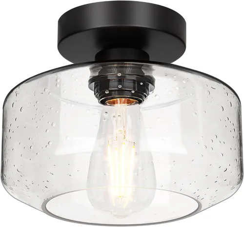 Miniatura 9 de Lámpara de techo industrial semiempotrada, bombilla LED de 800 lúmenes incluida, pantalla de vidrio texturizado, lámpara estilo granja para pasillo