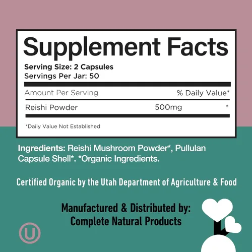 Miniatura 6 de Complete Natural Products Cápsulas orgánicas de hongos Reishi, 250 mg, 100 unidades Extracto corporal fructífero A base de plantas Soporte