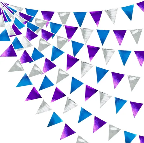Miniatura 9 de Decoración de fiesta iridiscente de 33 pies, tela holográfica, banderín triangular, banderín de algodón, guirnalda de banderines para cumpleaños