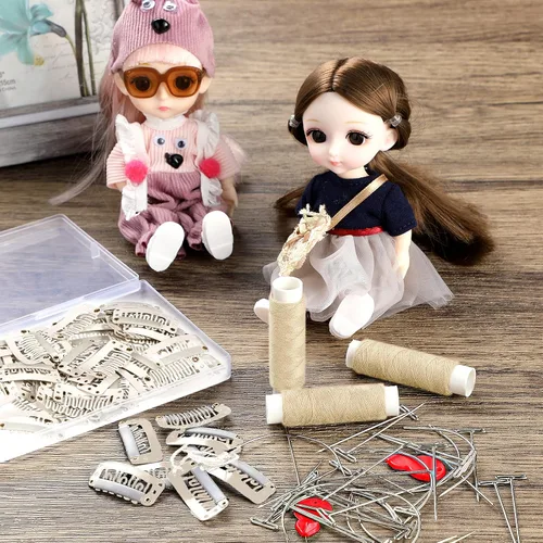 Miniatura 7 de Juego de 85 extensiones de cabello con clip, incluye 50 clips a presión en forma de U, 10 agujas curvas, 20 pines en T, 3 rollos de hilo de tejer, 2
