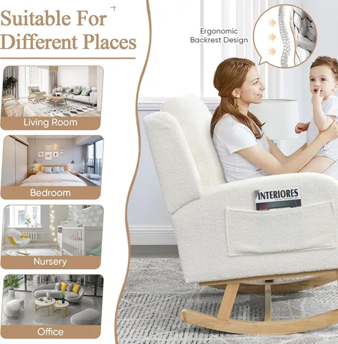 Miniatura 5 de JEEOHEY Mecedora para guardería, mecedora tapizada con respaldo alado, mecedora con respaldo alto cómodo, reposabrazos curvado, almohada lumbar