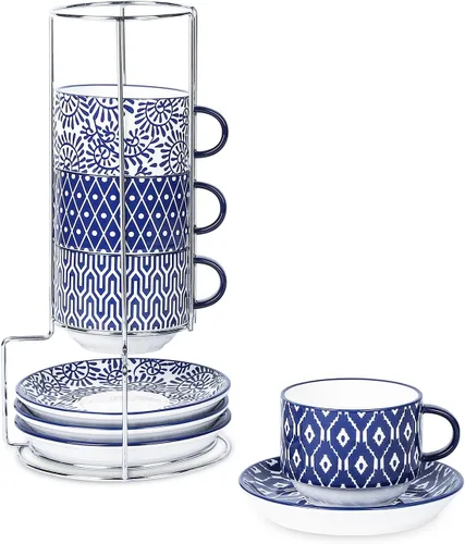 Miniatura 8 de Selamica Tazas de café expreso de cerámica con platillos y soporte de metal, tazas demitasse apilables de 2.5 onzas para café expreso, latte, café
