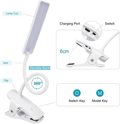 Miniatura 3 de Luz de lectura LED con clip, luces de libro recargables USB, protección ocular de 24 LED, lámpara de cama de noche de cuello flexible, control Blanco