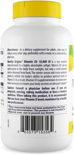 Miniatura 2 de Healthy Origins Vitamina D3 10,000 UI (250 mcg), 120 cápsulas blandas líquidas - Apoya huesos fuertes, dientes saludables y función del sistema
