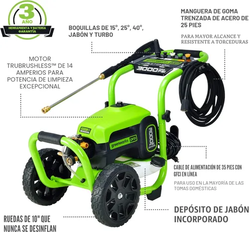 Miniatura 3 de Greenworks Pro - Lavadora de presión sin escobillas 3000 PSI (Certificada por CSA) 2.0 GPM Máx. / 1.1 GPM Lavadora de presión eléctrica