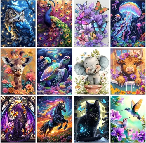 CraftCraze Paquete de 12 Kits de Pintura de Arte de Diamantes de Animales para Adultos - Puntos de Diamante 5D para Adultos Principiantes, Kit de