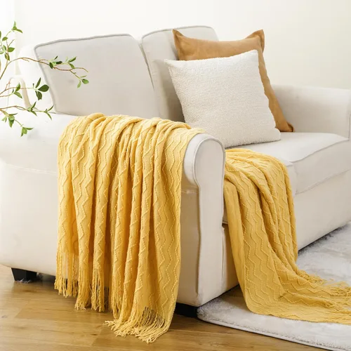 Miniatura 3 de BATTILO HOME Manta amarilla para sofá, manta dorada suave con textura, manta decorativa de punto mostaza para sofá, cama y sala de estar, 50 x 60