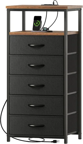 Miniatura 34 de Huuger Cómoda blanca con 5 cajones y estación de carga, cómoda alta para dormitorio, mesita de noche alta con acabado de piel sintética, estante
