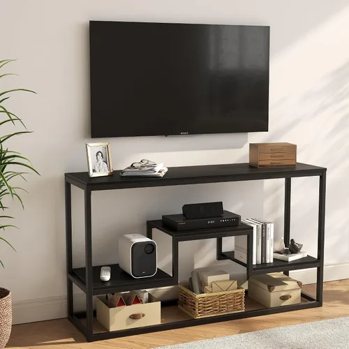 YOUDENOVA Soporte de TV para televisores de hasta 55 pulgadas, mesa consola de TV con estantes de almacenamiento abiertos de 3 niveles, moderno Negro