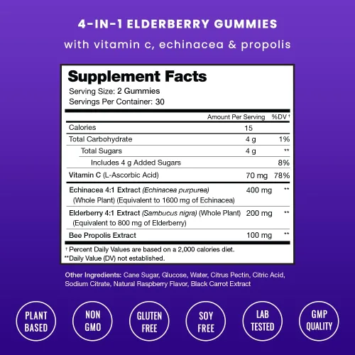 Miniatura 2 de NutraChamps Gomitas de saúco con vitamina C, propóleo y equinácea, vitaminas gomosas de apoyo del sistema inmunológico para adultos y niños, fuerza