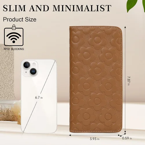 Miniatura 6 de Cartera delgada ultradelgada para mujer 3D de cuero con estampado de flores en relieve para mujer, cartera con bloqueo RFID, tarjetero plegable