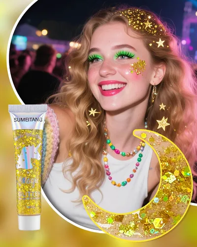 Miniatura 7 de Gel con purpurina para la cara y el cuerpo, 6 colores, con lentejuelas gruesas holográficas, pintura para fiestas, cantantes, conciertos, festivales