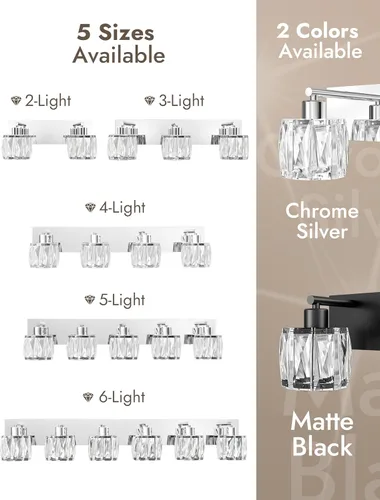 Miniatura 7 de VOLISUN Luces de tocador de cristal – 4 luces modernas de acero inoxidable para baño sobre espejo, acabado cromado – Certificado UL