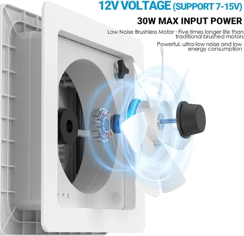Miniatura 3 de Ventilador de techo para RV de 14" silencioso con motor de menor ruido, ventilación permanente de nivel de soporte reversible Max Air para techo
