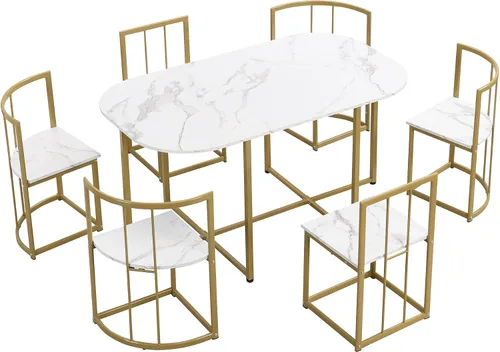 Miniatura 8 de Quarte Moderno juego de mesa de comedor de 7 piezas con mármol sintético, juego de mesa de cocina de metal compacto, diseño de silla triangular