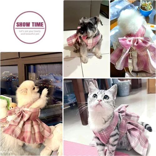 Miniatura 4 de PETCARE Vestido de perro a cuadros con pajarita y arnés para perros pequeños, gatos, niñas, lindos vestidos de princesa para perro, primavera, Rosa