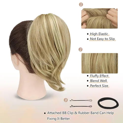 Miniatura 2 de BARSDAR Extensiones de Moño para Cabello Liso, Extensiones de Moño de Cola de Caballo Corta Cabello Rubio para Mujeres, Piezas de Cabello de Moño