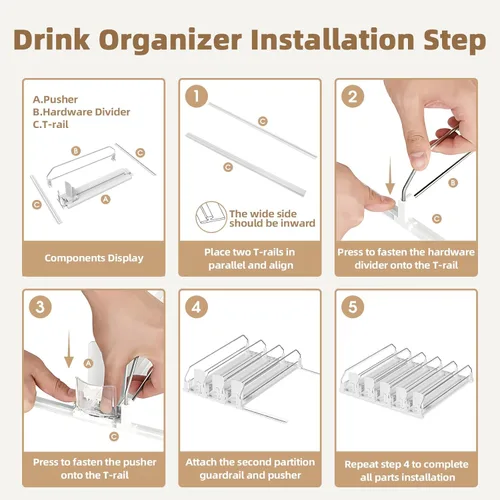 Miniatura 7 de HIYOHIYO Organizador de bebidas de 5 filas para refrigerador, dispensador de latas de soda autoempujable para refrigerador, dispensador automático