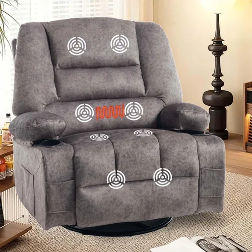 Miniatura 12 de KCQ Silla reclinable giratoria de gran tamaño con portavasos de calor para masaje, sillas reclinables de tela con relleno para guardería, mecedora