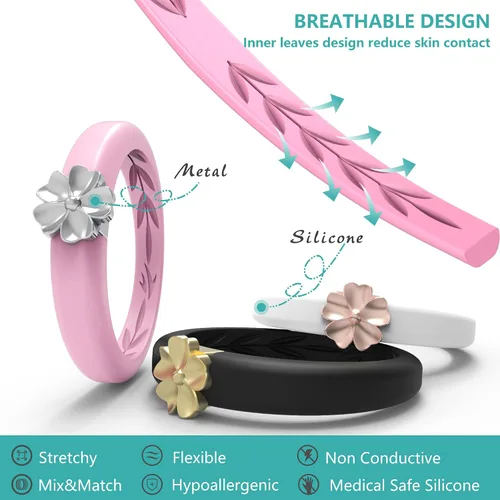 Miniatura 26 de Zollen Anillos de silicona para mujer, 1/3 paquetes de alianzas de boda de silicona, forma de flor, anillos de goma, colección de flores para mujer