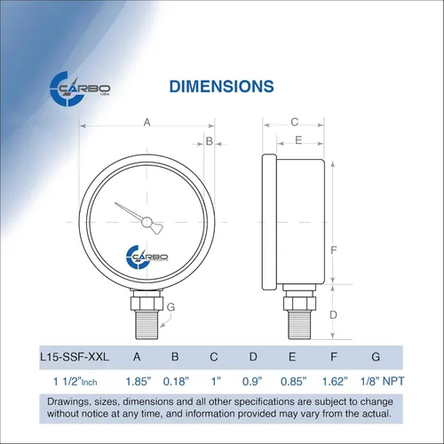 Miniatura 6 de Medidor de presión de combustible de 1-1/2", carcasa de acero inoxidable 304, conexión de latón cromado, relleno de glicerina, 0-15 psi, precisión