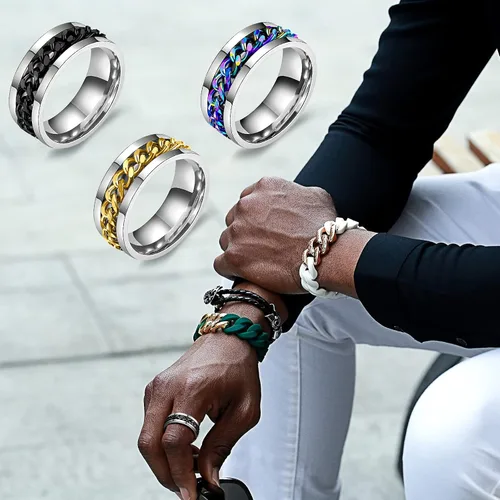 Miniatura 5 de Juego de 9 anillos giratorios de acero inoxidable multiestilo para mujeres y hombres anillos antiestrés para la ansiedad para mujeres anillos