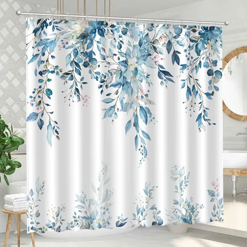 Miniatura 7 de JWXCBIM Cortina de ducha azul con hojas de eucalipto, cortina de baño decorativa con arte estético de acuarela de plantas y flores, juego de cortina