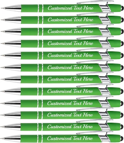 Aolun Bolígrafos personalizados, bolígrafos con grabado personalizado con lápiz capacitivo, 12 unidades, metal suave al tacto, nombre grabado, Verde