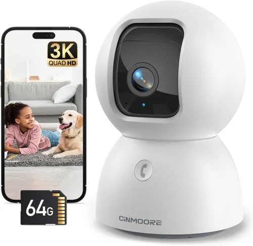 Cámara interior 3K con tarjeta de 64 GB, detección de IA humana/mascota/facial, cámara de perro/gato/mascota interior con aplicación de teléfono,