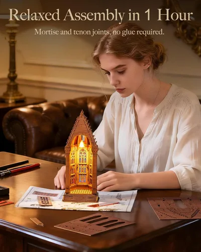 Miniatura 5 de Rolife Rompecabezas de madera 3D, modelo de arquitectura de catedral de geometría con luces LED, kit de construcción de manualidades para adultos