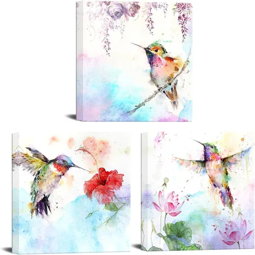 Canvbay 3 piezas de lienzo de pájaros, arte de pared de animales, colibríes y flores rojas y moradas, pintura abstracta, decoración de pared vintage