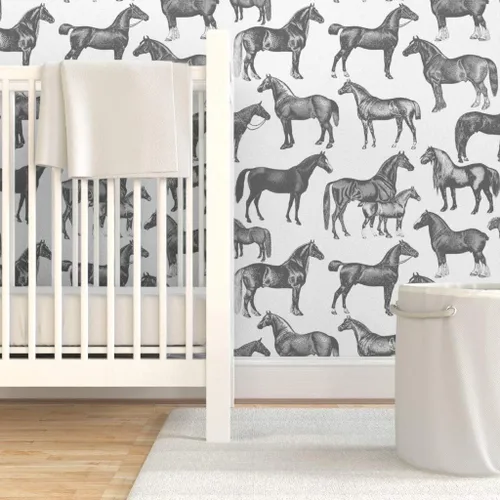 Miniatura 6 de Papel tapiz autoadhesivo de 6 x 2 pies – Caballos victorianos impresión grande blanco y negro estilo vintage Pony ecuestre personalizado extraíble
