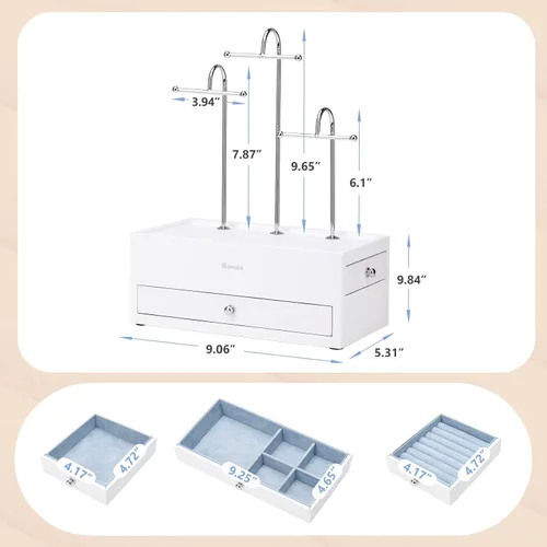 Miniatura 6 de Homde Organizador de joyas para collares, aretes, anillos con ganchos de metal (blanco)
