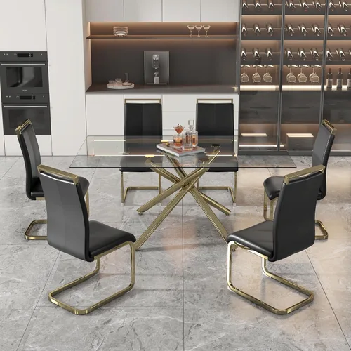 Miniatura 2 de Juego de 6 mesas de comedor de cristal, moderno juego de mesa de comedor de 71 pulgadas con 6 sillas de comedor tapizadas de piel sintética