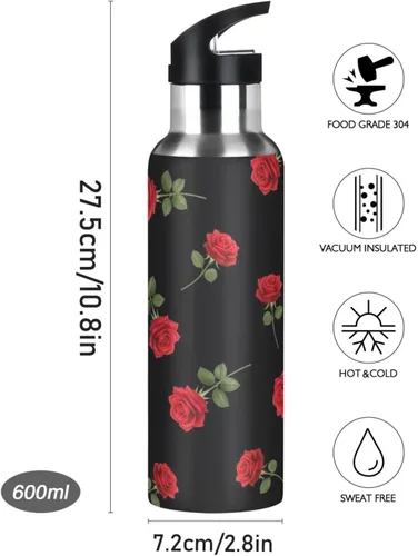 Miniatura 9 de Red Roses Green Leaves Black Insulated Water Bottle 32 Oz, BPA-Free Sports Water Bottle with Straw Leakproof Water Bottles