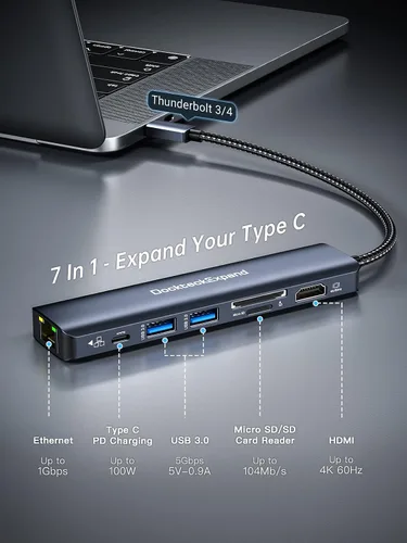 Miniatura 2 de Adaptador multipuerto USB C, DockteckExpand 7 en 1 tipo C Hub con HDMI 4K 60Hz, Ethernet de 1 Gbps, 100 W PD, 2 puertos USB 3.0, ranuras para 7 EN 1