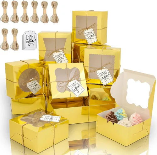 KPOSIYA 65 cajas de panadería con ventana de 6 x 6 x 3 pulgadas, cajas de galletas de 5 estilos, cajas pequeñas de pastelería para dulces, postres,