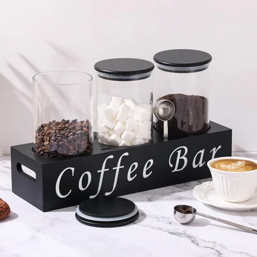 Miniatura 2 de ZOMUIA Contenedores de Café de Vidrio Herméticos Frascos de Almacenamiento de Granos de Café con Estante, 3 Piezas 44oz Organizador de Estación