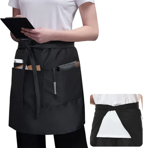 ROTANET Delantal negro con 3 bolsillos de 18 pulgadas de largo para camarera bistró delantales de media cintura para mujeres y hombres impermeables