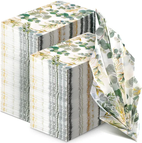 Miniatura 9 de Spiareal 120 servilletas de papel verde de 3 capas desechables para baño, hojas de eucalipto verde, servilletas decorativas para cena, para novia
